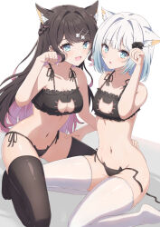 Rule 34 | 2girls, :d, :o, animal ear fluff, animal ears, bare arms, bare shoulders, black bow, black bra, black hair, black panties, black thighhighs, blue eyes, bow, bra, braid, breasts, cat cutout, cat ear panties, cat lingerie, cleavage cutout, clothing cutout, collarbone, commentary request, frilled bra, frills, grey hair, groin, hair bow, hair intakes, hair ornament, hairclip, hand up, highres, kaga nazuna, kaga sumire, long hair, medium breasts, meme attire, multicolored hair, multiple girls, navel, open mouth, panties, paw pose, pink hair, siblings, side-tie panties, sisters, small breasts, smile, synn032, thighhighs, two-tone hair, underwear, underwear only, untied panties, very long hair, virtual youtuber, vspo!, white background, white thighhighs