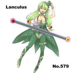 Rule 34 | 10s, 1girl, bare shoulders, breasts, character name, cleavage, creatures (company), detached collar, floating, game freak, gen 5 pokemon, gloves, green hair, hat, leotard, levitation, long hair, mini hat, mini top hat, nintendo, noppoago, pantyhose, personification, pointy ears, pokedex number, pokemon, pokemon bw, reuniclus, shoes, solo, staff, thigh strap, top hat, yellow eyes