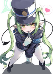 Rule 34 | 1girl, black footwear, black hat, black jacket, black tail, blue archive, blush, boots, demon tail, earrings, fang, gloves, green hair, green halo, hair between eyes, halo, hat, heart, nozomi (blue archive), highres, jacket, jewelry, long hair, long sleeves, looking at viewer, mayusaki yuu, open mouth, pantyhose, peaked cap, pointy ears, simple background, single earring, smile, solo, spoken heart, standing, tail, twintails, white background, white gloves, white pantyhose, yellow eyes