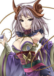 Rule 34 | 1girl, absurdres, ahoge, between breasts, breasts, bug, butterfly, cleavage, detached sleeves, dragon girl, dragon horns, eyelashes, facial mark, forehead mark, highres, horns, bug, japanese clothes, kanna (p&amp;d), long hair, looking at viewer, meshida (lux-far-accelerator), obi, parted lips, pointy ears, purple eyes, purple hair, puzzle &amp; dragons, sash, simple background, solo, white background, wide sleeves