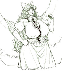 Rule 34 | 1girl, breasts, cape, clenched hands, collar, covered erect nipples, cowboy shot, frills, gigantic breasts, hair ribbon, hand on own hip, highres, hip focus, long hair, looking at viewer, monochrome, open mouth, puffy nipples, reiuji utsuho, ribbon, skirt, smile, solo, spacezin, third eye, touhou, wide hips, wings