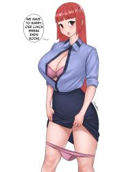 Rule 34 | 1girl, absurdres, bra, breasts, brown eyes, cleavage, dismaiden, english text, hair ornament, hairclip, highres, long hair, office lady, open mouth, original, panties, panty pull, pencil skirt, pink bra, pink panties, red hair, signature, skirt, solo, thighs, unbuttoned, unbuttoned shirt, underwear