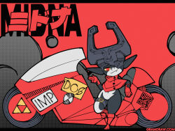 Rule 34 | 1girl, boots, closed mouth, colored sclera, colored skin, fang, gloves, gramdraw, highres, leaning back, leaning on object, leg belt, long pointy ears, looking at viewer, midna, motor vehicle, motorcycle, multicolored skin, nintendo, pointy ears, red background, red eyes, red footwear, smile, solo, the legend of zelda, the legend of zelda: twilight princess, triforce, two-tone skin, wheel, yellow sclera