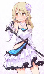 Rule 34 | 1girl, alternate costume, bad id, bad pixiv id, bare shoulders, blush, brown eyes, dress, elbow gloves, gloves, hair between eyes, holding, holding microphone, idolmaster, idolmaster cinderella girls, jewelry, layered dress, light brown hair, looking away, looking to the side, microphone, microphone stand, morikubo nono, necklace, parted lips, pendant, sleeveless, sleeveless dress, solo, sweat, uccow, white dress, white gloves