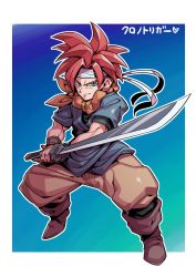 Rule 34 | 1boy, blue eyes, chrono trigger, closed mouth, copyright name, crono (chrono trigger), full body, gradient background, headband, highres, holding, holding sword, holding weapon, looking at viewer, male focus, red hair, scarf, smile, solo, spiked hair, standing, sword, tukiwani, weapon