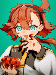 Rule 34 | 1girl, ahoge, aqua eyes, black hairband, blood, blood on face, blood on hands, food, green background, gundam, gundam suisei no majo, hair between eyes, hairband, highres, holding, holding food, jacket, long hair, long sleeves, looking at viewer, low ponytail, open mouth, red hair, simple background, smile, solo, suletta mercury, suuno kamibukuro, thick eyebrows, tomato, upper body, white jacket