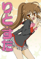 Rule 34 | 1girl, :d, bow, brown eyes, brown hair, contrapposto, cowboy shot, grey skirt, little busters!, long sleeves, looking at viewer, natsume rin, open mouth, pink bow, plaid, plaid skirt, pleated skirt, ponytail, school uniform, serafuku, skirt, smile, solo, standing, tehen