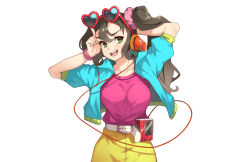 Rule 34 | 1girl, :d, belt, blue jacket, breasts, brown hair, green eyes, headphones, heart, heart-shaped eyewear, highres, index finger raised, jacket, large breasts, long hair, looking at viewer, open clothes, open jacket, open mouth, original, pink shirt, red-framed eyewear, shirt, short sleeves, simple background, skirt, smile, solo, sunglasses, twintails, vins-mousseux, walkman, white background, white belt, yellow skirt