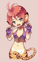 Rule 34 | 1girl, animal ears, breasts, breath of fire, breath of fire ii, bustier, cat ears, cat girl, cat tail, facial mark, fingerless gloves, gloves, green eyes, groin, looking at viewer, medium breasts, navel, open mouth, orange hair, pointy ears, rinpoo chuan, short hair, simple background, smile, solo, souichi, tail