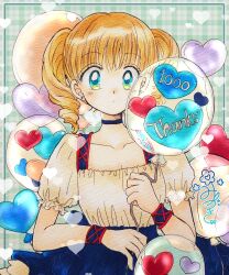 Rule 34 | 1980s (style), 1girl, balloon, blue skirt, border, bracelet, character request, closed mouth, copyright request, dot mouth, dress, drill hair, flower, frilled skirt, frilled sleeves, frills, fukatsuki mizuki, green background, heart, heart balloon, highres, holding, holding balloon, jewelry, light brown hair, looking at viewer, oldschool, plaid, plaid background, retro artstyle, skirt, solo, thank you, twin drills, upper body, white dress