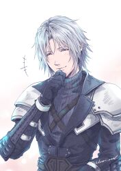 Rule 34 | 1boy, absurdres, aged down, arm guards, armor, black gloves, black jacket, chest strap, closed eyes, closed mouth, commentary request, final fantasy, final fantasy vii, final fantasy vii ever crisis, giggling, gloves, grey hair, hand on own chin, hand up, highres, jacket, long sleeves, male focus, parted bangs, ribbed sweater, sephiroth, short hair, shoulder armor, sleeveless, sleeveless turtleneck, smile, solo, sweater, turtleneck, turtleneck sweater, twitter username, upper body, warori anne