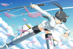 Rule 34 | 00s, 1girl, animal ears, athrun1120, bad id, bad pixiv id, black hair, cloud, contrail, day, eyepatch, flying, ponytail, sakamoto mio, solo, strike witches, striker unit, sword, tail, uniform, weapon, world witches series, yellow eyes