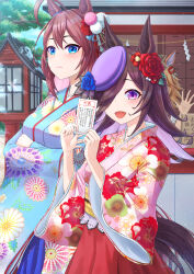 Rule 34 | 3girls, absurdres, ahoge, animal ears, black hair, blue eyes, blue flower, blue rose, blue shirt, blue skirt, brown hair, commentary, crossed arms, day, ear ornament, floral print, flower, frown, hair flower, hair ornament, hair over one eye, hat, hat flower, hatsumoude, highres, holding, holding paper, horse ears, horse girl, horse tail, japanese clothes, kimono, long hair, long sleeves, looking at viewer, matikanefukukitaru (umamusume), mihono bourbon (umamusume), multiple girls, new year, omikuji, open mouth, othello katze, outdoors, paper, pink shirt, print shirt, purple eyes, purple headwear, red flower, red rose, red skirt, rice shower (umamusume), rose, shirt, shrine, skirt, smile, standing, tail, translated, umamusume, waving