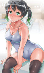 Rule 34 | 1girl, bare arms, bare shoulders, black hair, black thighhighs, blush, breasts, cleavage, closed mouth, collarbone, competition school swimsuit, contrapposto, covered navel, embarrassed, eyelashes, gonta (gshoutai), gradient hair, green eyes, green hair, groin, highres, looking at viewer, love live!, love live! nijigasaki high school idol club, medium breasts, multicolored hair, nervous smile, one-piece swimsuit, poolside, school swimsuit, short hair, sitting, skindentation, smile, solo, spaghetti strap, swimsuit, takasaki yu, thighhighs, twintails, two-tone hair, white one-piece swimsuit, wide hips
