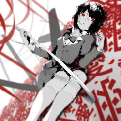 Rule 34 | 1girl, black hair, bob cut, durarara!!, glasses, highres, monochrome, red eyes, school uniform, short hair, skirt, solo, sonohara anri, spot color, sword, teario, weapon