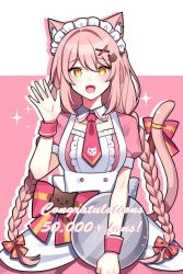 Rule 34 | 1girl, animal ears, braid, cat ears, cat tail, detached collar, english text, fang, hiiro (vtuber), indie virtual youtuber, long hair, looking at viewer, maid, maid headdress, necktie, open mouth, pink hair, pink tail, puffy sleeves, second-party source, solo, sparkle, tail, twin braids, virtual youtuber, waka (wk4444), waving, yellow eyes