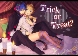 Rule 34 | 2boys, animal ears, blonde hair, blue eyes, blue hair, candy, cape, cat boy, cat ears, cat tail, english text, fangs, food, geji (rodents), halloween, happy halloween, hat, kagamine len, kaito (vocaloid), male focus, multiple boys, on bed, open mouth, shorts, sitting, striped legwear, tail, thighhighs, trick or treat, vampire, vocaloid, yaoi