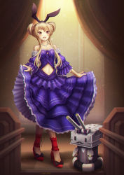 Rule 34 | 10s, 1girl, alternate eye color, alternate hairstyle, ankle cuffs, bare shoulders, blonde hair, blush, bow, clothes lift, clothing cutout, detached sleeves, double bun, dress, dress lift, facial hair, footwear bow, formal, frilled dress, frills, hair bow, hair bun, hairband, high heels, ichiban renga, jewelry, kantai collection, makeup, mustache, navel, navel cutout, necklace, pearl necklace, purple dress, purple eyes, red footwear, rensouhou-chan, shimakaze (kancolle), shoes, watch, wristwatch