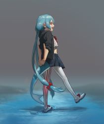 Rule 34 | 1girl, :d, absurdres, arms behind back, black jacket, blue hair, borrowed character, bow, fins, fish tail, footwear bow, from behind, gogalking, grey footwear, hair bow, highres, interlocked fingers, jacket, long hair, low twintails, open clothes, open jacket, open mouth, original, own hands together, pantyhose, pleated skirt, red bow, red eyes, red skirt, ripples, same-chan (ssangbong-llama), sharp teeth, shoes, skirt, smile, solo, standing, standing on one leg, tail, teeth, twintails, very long hair, white pantyhose