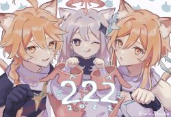 Rule 34 | 1boy, 2girls, :q, aether (genshin impact), ahoge, animal ears, black gloves, blonde hair, braid, breasts, brother and sister, cat day, cat ears, cat tail, cleavage, detached sleeves, dress, genshin impact, gloves, grey hair, hair between eyes, hair ornament, highres, long hair, long sleeves, looking at viewer, lumine (genshin impact), medium breasts, multiple girls, one eye closed, paimon (genshin impact), parted lips, paw pose, scarf, short hair with long locks, siblings, simple background, single braid, tail, tongue, tongue out, unacha, upper body, white dress