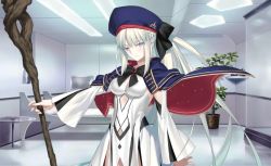 Rule 34 | 1girl, artist request, artoria caster (fate), artoria caster (fate) (cosplay), artoria pendragon (fate), beret, black bow, blue cape, blue capelet, blue eyes, blush, bow, braid, cape, capelet, center opening, clothing cutout, cosplay, fate/grand order, fate (series), french braid, hat, holding, holding staff, looking at viewer, morgan le fay (fate), multicolored capelet, pelvic curtain, platinum blonde hair, ponytail, solo, staff, stomach cutout, two-tone dress
