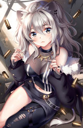 Rule 34 | 1girl, :&lt;, ahoge, animal ear fluff, animal ears, artist name, bare shoulders, black jacket, black pantyhose, black shirt, black skirt, blush, breasts, cleavage, commentary, earrings, fur-trimmed jacket, fur trim, grey eyes, grey nails, hair between eyes, hands up, head tilt, highres, hololive, jacket, jewelry, large breasts, lion ears, lion tail, long hair, long sleeves, looking at viewer, microskirt, nail polish, navel, necklace, off shoulder, open clothes, open jacket, pantyhose, see-through, see-through cleavage, shirt, shishiro botan, shishiro botan (1st costume), silver hair, single leg pantyhose, sitting, skirt, solo, squchan, tail, thighs, virtual youtuber
