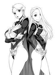 Rule 34 | 2girls, back-to-back, breasts, cape, cleavage, cleavage cutout, clothing cutout, crossed arms, eighth wonder, greyscale, hair over one eye, haruka athena, haruka clara, hip focus, huge breasts, leotard, lips, lipstick, long hair, makeup, mature female, monochrome, mother and daughter, multiple girls, pout, short hair, smile, superhero costume, tamaki nozomu, thong leotard, toned, uchi no musume ni te wo dasuna!, underboob