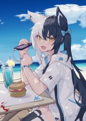 Rule 34 | 1girl, :d, absurdres, animal ear fluff, animal ears, asymmetrical legwear, azumi (8809464), beach, black hair, black thighhighs, blue bow, blue sky, bow, burger, cellphone, cloud, crab, cup, day, drink, drinking glass, drinking straw, fang, food, fox ears, fox girl, fruit, hair between eyes, hair bow, highres, holding, holding phone, hood, hood down, jacket, long hair, looking at viewer, mismatched legwear, multicolored hair, ocean, open mouth, original, outdoors, phone, short sleeves, single thighhigh, sitting, skin fang, sky, smartphone, smile, solo, split-color hair, table, thighhighs, twintails, two-tone hair, white hair, white jacket, white thighhighs, yellow eyes