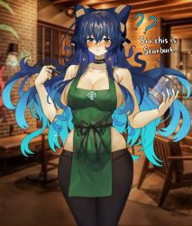 Rule 34 | ?, ??, apron, black choker, black pants, blue bow, blue eyes, blue hair, blurry, blurry background, blush, bow, breasts, choker, cleavage, clothes writing, commentary, curvy, debt, english commentary, english text, gradient hair, green apron, groin, hair bow, highres, indoors, large breasts, long hair, looking at viewer, multicolored hair, naked apron, pants, starbucks, tomatolover16, touhou, wide hips, yorigami shion