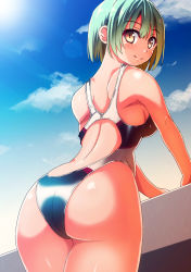 Rule 34 | 1girl, ass, back cutout, bad id, bad pixiv id, bare arms, bare shoulders, black one-piece swimsuit, blue sky, blunt bangs, breasts, clothing cutout, cloud, competition swimsuit, day, eyebrows, from behind, green hair, higa, lens flare, light rays, looking at viewer, one-piece swimsuit, original, outdoors, shiny skin, short hair, sky, solo, standing, sunlight, swimsuit, thighs, yellow eyes