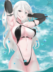 Rule 34 | 1girl, absurdres, android, armpits, arms behind head, bikini, black bikini, breasts, cameltoe, cleavage, cleft of venus, cloud, cloudy sky, covered erect nipples, day, grey eyes, hands in hair, highleg, highleg bikini, highres, joints, large breasts, long hair, looking at viewer, mole, mole under mouth, navel, nier (series), nier:automata, o-ring, o-ring bikini, ocean, robot joints, silver hair, sky, solo, swimsuit, tian kazuki, wading, water, a2 (nier:automata)