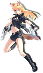 Rule 34 | 1girl, animal ears, bad id, bad pixiv id, belt, beretta 92, bliss (ferment factory), blonde hair, boots, brown eyes, crop top, crop top overhang, dual wielding, extra ears, fingerless gloves, fox ears, fox tail, gloves, gun, handgun, highres, holding, knee boots, long hair, looking at viewer, midriff, navel, original, pistol, semi-automatic firearm, shadow, shorts, simple background, solo, tail, weapon, wolf ears, wolf tail