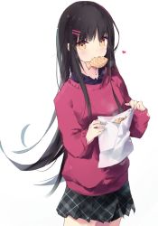 Rule 34 | 1girl, black hair, black skirt, blonde hair, blush, cowboy shot, diamond-shaped pupils, diamond (shape), eel, food, hair ornament, hairclip, heart, highres, holding, long hair, long sleeves, looking at viewer, miniskirt, mouth hold, original, pink sweater, plaid, pleated skirt, simple background, skirt, smile, solo, standing, straight hair, sweater, symbol-shaped pupils, taiyaki, tr (hareru), very long hair, wagashi, white background, wrapper, x x