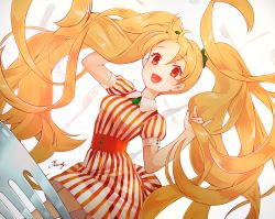 Rule 34 | 1girl, :d, ahira yuzu, arm up, belt, blonde hair, blush, collared dress, dress, floating hair, food, fork, hair ornament, highres, holding, holding own hair, long hair, looking at viewer, mini person, minigirl, neck ribbon, open mouth, original, pasta, personification, red eyes, ribbon, short dress, short sleeves, signature, sleeve cuffs, smile, solo, striped clothes, striped dress, twintails, very long hair