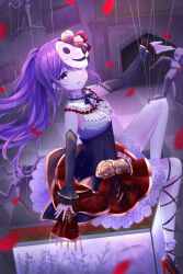 Rule 34 | 1girl, absurdres, asahina mafuyu, black shirt, black sleeves, center frills, detached sleeves, frilled shirt, frills, from side, hair between eyes, hair over one eye, high heels, highres, knee up, long hair, looking at viewer, marionette, mask, mask on head, noneon319, open hand, outstretched arms, parted lips, petticoat, pleated skirt, ponytail, project sekai, puppet, puppet strings, purple eyes, purple hair, red footwear, red skirt, shirt, sidelocks, sitting, skirt, sleeveless, sleeveless shirt, solo, toraware no marionette (project sekai)