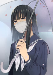 Rule 34 | 1girl, black hair, blue eyes, blue serafuku, cherry blossoms, holding, holding umbrella, long hair, looking at viewer, mask, mattaku mousuke, mouth mask, neckerchief, original, rain, school uniform, serafuku, solo, surgical mask, umbrella, upper body, white neckerchief