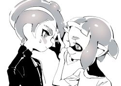 Rule 34 | 1boy, 1girl, blunt bangs, blush, closed mouth, from side, frown, greyscale, hand in another&#039;s hair, inkling, inkling girl, inkling player character, looking at another, monochrome, nintendo, octoling, octoling boy, octoling player character, pointy ears, shirt, short hair, short sleeves, simple background, smile, splatoon (series), splatoon 2, splatoon 2: octo expansion, suction cups, sweat, t-shirt, tentacle hair, turtleneck, upper body, wadanaka, white background, zipper, zipper pull tab