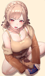 Rule 34 | 1girl, absurdres, blush, braid, breasts, brown hair, brown jacket, brown shorts, brown sports bra, cleavage, collarbone, commentary request, crown braid, double bun, furen e lustario, furen e lustario (5th costume), hair bun, handheld game console, highres, holding, holding handheld game console, indian style, jacket, jewelry, looking at viewer, necklace, nijisanji, official alternate costume, official alternate hairstyle, open clothes, open jacket, open mouth, parted bangs, red eyes, shorts, simple background, single bare shoulder, single off shoulder, sitting, smile, solo, sports bra, ubo (ubo tales), virtual youtuber, yellow background