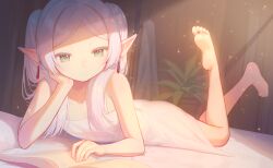 Rule 34 | 1girl, absurdres, bare arms, bare shoulders, chi yei, closed mouth, collarbone, commentary request, dress, earrings, elf, forehead, frieren, green eyes, grey hair, highres, jewelry, legs up, long hair, looking at viewer, lying, on stomach, parted bangs, pointy ears, short eyebrows, sleeveless, sleeveless dress, soles, solo, sousou no frieren, thick eyebrows, twintails, white dress