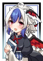 Rule 34 | 1girl, absurdres, ahoge, bird wings, black dress, blue hair, book, dress, head wings, highres, hira-san, holding, holding book, horns, long sleeves, multicolored hair, open mouth, red wings, short hair, single head wing, solo, tokiko (touhou), touhou, two-tone hair, upper body, white hair, wings