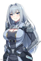 Rule 34 | 1girl, absurdres, armor, belt, black gloves, blue eyes, breasts, cleavage, cleavage cutout, clothing cutout, ethel (xenoblade), gloves, grey hair, hair intakes, hand on own hip, highres, large breasts, long hair, looking at viewer, namu (112namu), shoulder armor, smile, solo, xenoblade chronicles (series), xenoblade chronicles 3
