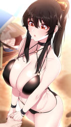 Rule 34 | 1boy, 1girl, akchu, ass, bare shoulders, bikini, black bikini, black choker, black hair, black nails, bloom, blurry, blurry background, blush, bracelet, breasts, chobi (akchu), choker, cleavage, collarbone, commentary request, covered erect nipples, depth of field, hair between eyes, hair ribbon, hand grab, high ponytail, highres, holding hands, jewelry, large breasts, long hair, looking at another, multi-strapped bikini, nail polish, o-ring, o-ring bikini, o-ring top, original, parted lips, ponytail, red eyes, ribbon, sidelocks, solo focus, standing, swimsuit