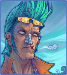 Rule 34 | 1boy, blue eyes, blue hair, chain, cloud, cyborg, franky (one piece), green hair, jewelry, lowres, male focus, matching hair/eyes, necklace, one piece, open clothes, open shirt, orange shirt, popped collar, scowl, shirt, signature, sky, sneer, solo, sunglasses