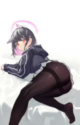 Rule 34 | 1girl, absurdres, animal ears, ass, black hair, black hoodie, blue archive, cat ears, cat girl, closed mouth, colored inner hair, from behind, halo, highres, hood, hoodie, kazusa (blue archive), long sleeves, looking at viewer, looking back, lying, medium hair, miniskirt, multicolored hair, on side, orange eyes, pantyhose, pink hair, shenqi de (9), simple background, skirt, solo, thighband pantyhose, two-tone hair, white background
