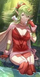 Rule 34 | 1girl, arm support, belt, boots, bracelet, breasts, cape, cleavage, closed mouth, collar, commentary, day, dress, fire emblem, fire emblem awakening, forest, garter straps, gloves, green eyes, green hair, hand up, highres, ippers, jewelry, large breasts, long hair, nature, nintendo, outdoors, partially submerged, pink thighhighs, pointy ears, ponytail, red dress, red footwear, red gloves, shiny skin, short dress, sidelocks, simple background, sitting, solo, thigh boots, thighhighs, thighs, tiara, tiki (adult) (fire emblem), tiki (fire emblem), water