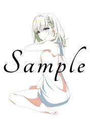 Rule 34 | 1girl, arm up, armpits, backless outfit, bare shoulders, barefoot, buta no liver wa kanetsu shiro, from side, full body, hair between eyes, hand up, highres, jess (buta no liver wa kanetsu shiro), looking at viewer, medium hair, official art, parted lips, simple background, sitting, solo, toes, toosaka asagi, wariza, white background, yellow eyes