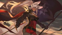 Rule 34 | 1girl, animal ears, belt, black gloves, blue eyes, blurry, breasts, cleavage, copyright name, dark skin, flag, fox ears, gloves, highres, holding, holding sword, holding weapon, large breasts, long hair, pixiv fantasia, pixiv fantasia age of starlight, red ribbon, ribbon, sidelocks, sword, tail, weapon, ying shi de xia yeji