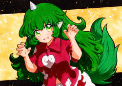 Rule 34 | 1girl, black border, border, green eyes, green hair, hair between eyes, hands up, horns, komano aunn, long hair, looking at viewer, open mouth, qqqrinkappp, red shirt, red sleeves, shirt, short sleeves, shorts, single horn, smile, solo, tail, touhou, traditional media, white shorts, yellow background