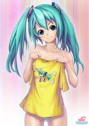 Rule 34 | 1girl, aqua eyes, aqua hair, clothes in front, covering privates, hatsune miku, highres, long hair, panties, panties only, shirt, smile, solo, striped clothes, striped panties, topless, twintails, underwear, underwear only, unworn shirt, utaware01, vocaloid