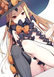 Rule 34 | 1girl, abigail williams (fate), abigail williams (second ascension) (fate), asymmetrical legwear, black bow, black hat, blonde hair, blurry, blurry foreground, blush, bow, closed mouth, commentary request, depth of field, dutch angle, fate/grand order, fate (series), grey thighhighs, hat, hat bow, highres, keyhole, long hair, looking at viewer, nude, orange bow, parted bangs, pointy ears, red eyes, revealing clothes, sekisei, simple background, single thighhigh, sitting, smile, solo, stuffed animal, stuffed toy, teddy bear, thighhighs, uneven legwear, very long hair, white background, witch hat